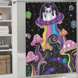 Bring some laughter to your bathroom with the Mushroom Trippy Shower Curtain-Cottoncat from Cotton Cat, featuring a cat on a spaceship.