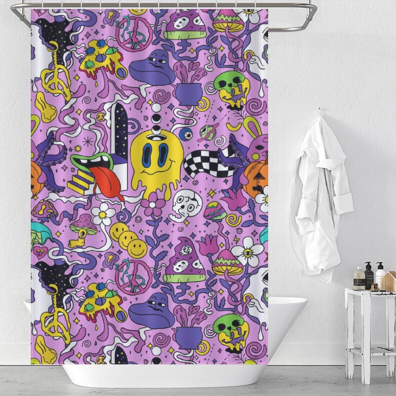 A Psychedelic Trippy Shower Curtain with a cartoon character design by Cotton Cat.