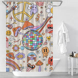 A Retro Trippy Shower Curtain-Cottoncat with a lot of doodles on it.