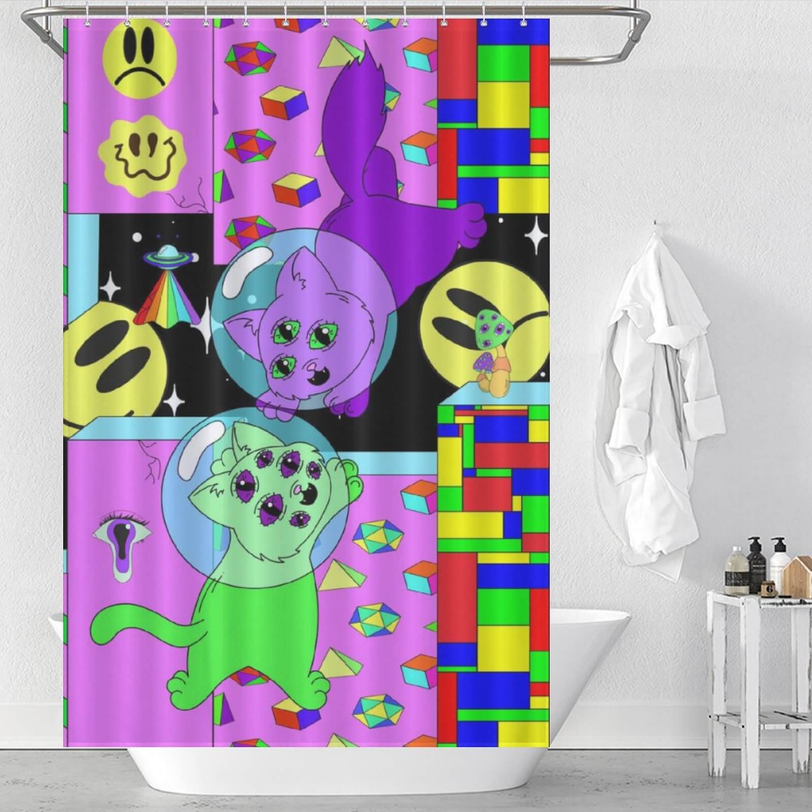 A Cotton Cat trippy shower curtain adorned with psychedelic cats and aliens.