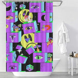 A 60s Trippy Shower Curtain-Cottoncat with a smiley face on it, inspired by 60s-style psychedelic art.