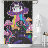 A funny Mushroom Trippy Shower Curtain by Cotton Cat, featuring a cat in a spaceship, perfect for enhancing your bathroom ambiance.
