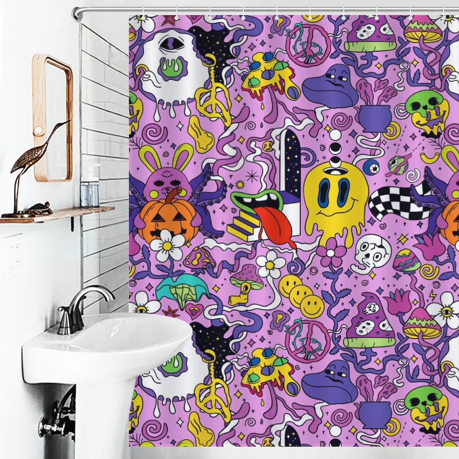 A Cotton Cat Psychedelic Trippy Shower Curtain with a lot of cartoon characters and a psychedelic design in purple.