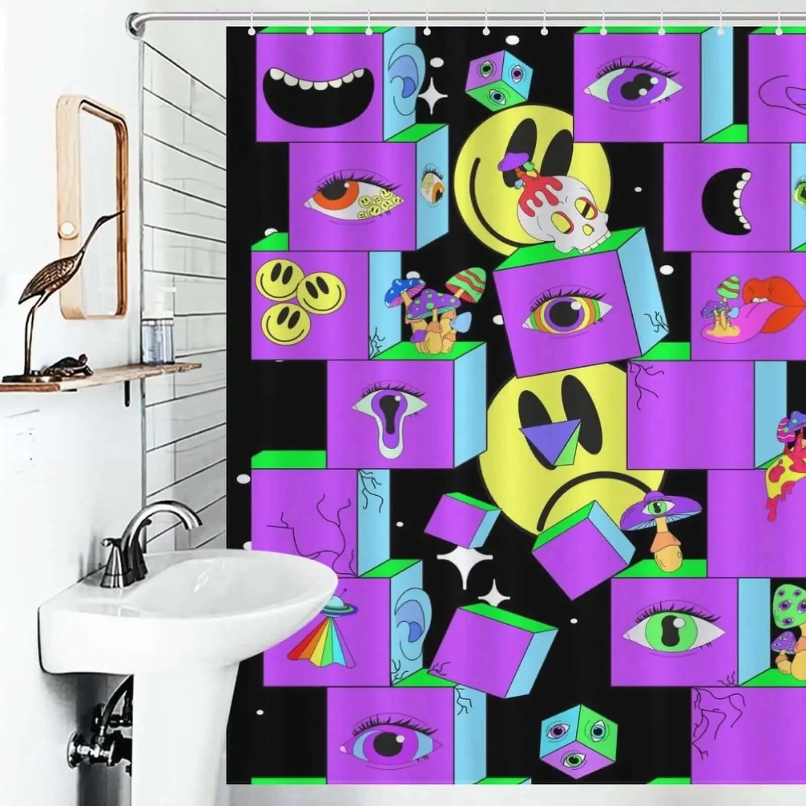 A bathroom with a 60s Trippy Shower Curtain from Cotton Cat.