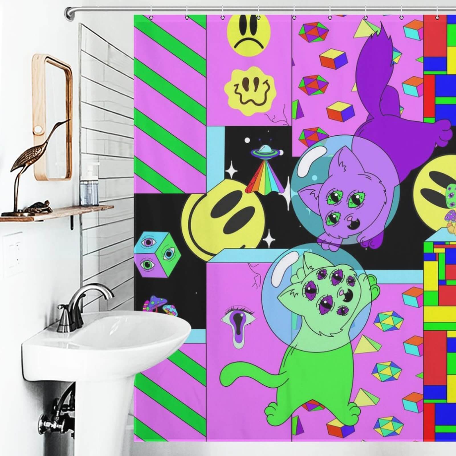 Step into a psychedelic bathroom adorned with a mesmerizing Space Trippy Shower Curtain from Cotton Cat.