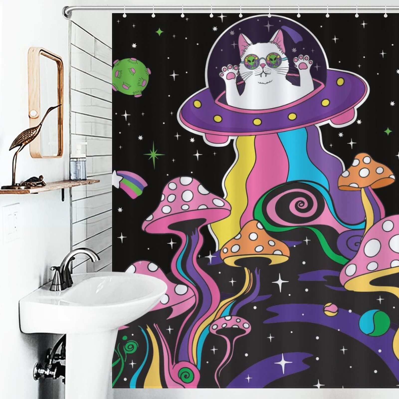 Add a touch of humor to your bathroom with this Mushroom Trippy Shower Curtain-Cottoncat from the Cotton Cat brand, featuring a cat in a spaceship.