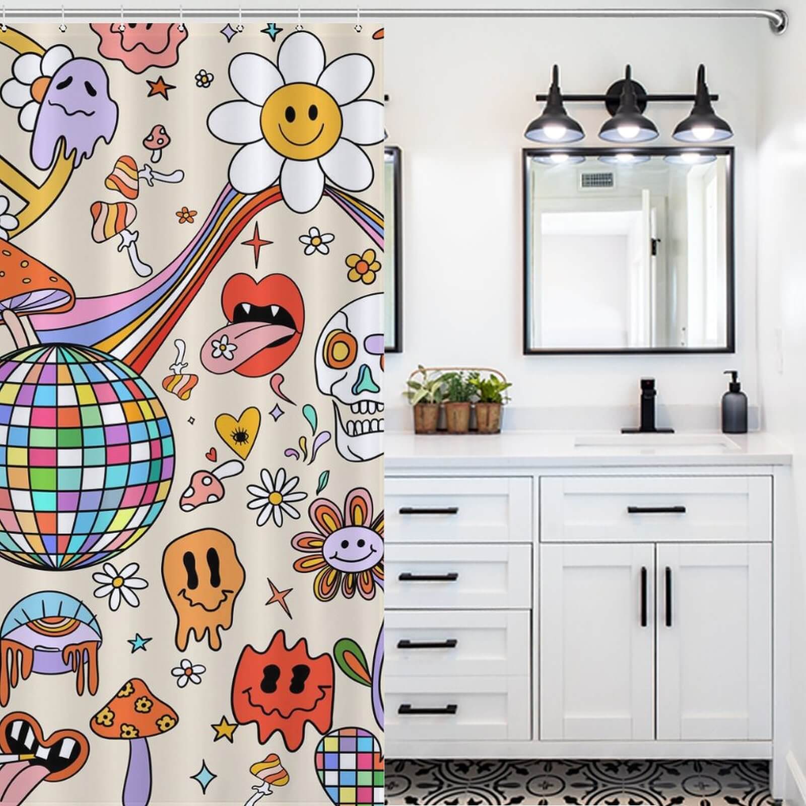 A retro-inspired bathroom with a colorful Retro Trippy Shower Curtain-Cottoncat by Cotton Cat.