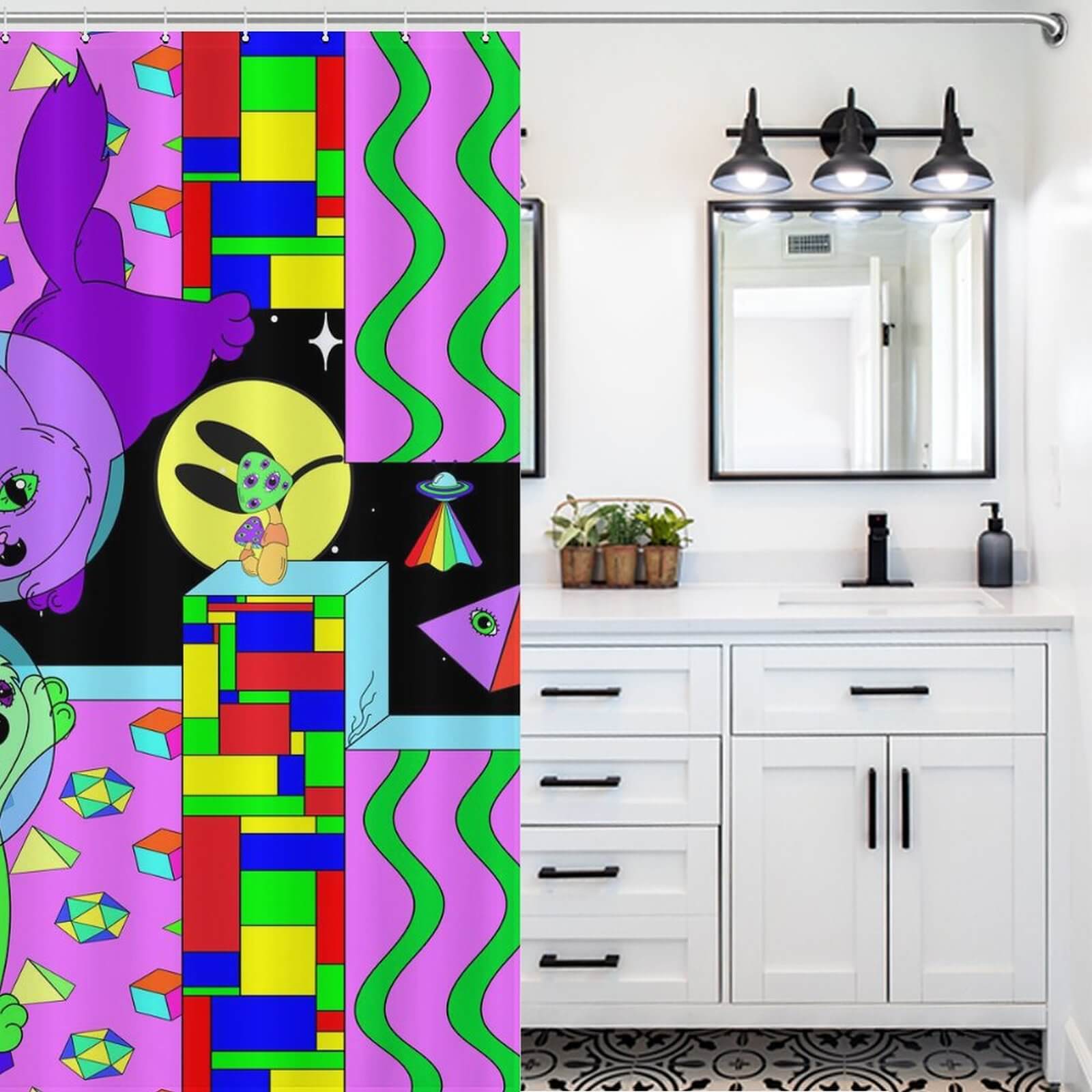 A psychedelic bathroom with a Space Trippy Shower Curtain from Cotton Cat.