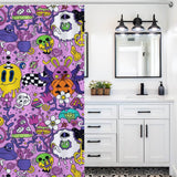 A bathroom with a Psychedelic Trippy Shower Curtain featuring monsters in a Cotton Cat design.