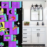 A bathroom with a Cotton Cat 60s Trippy Shower Curtain in a vibrant 60s style.