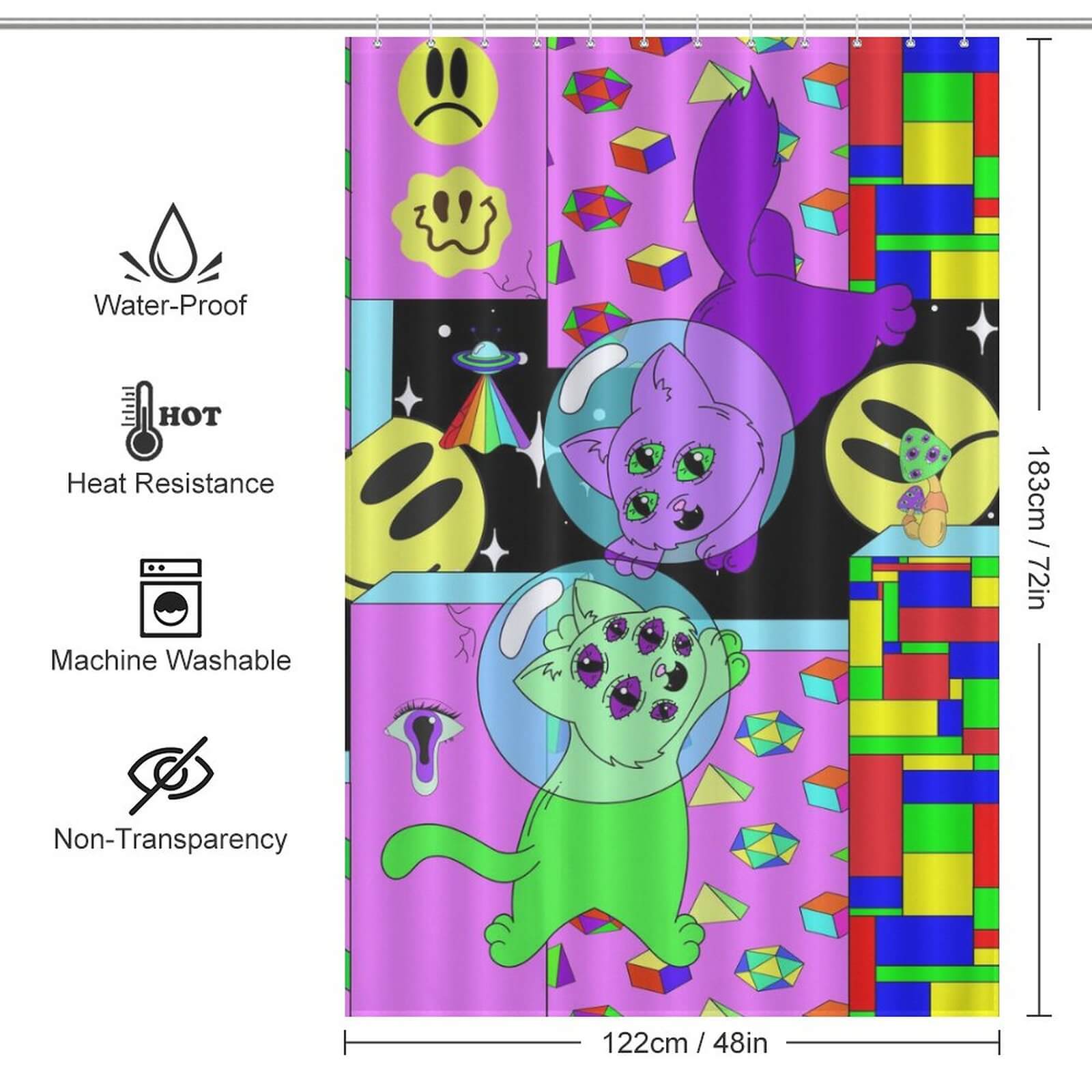 A Space Trippy Shower Curtain-Cottoncat with a cat on it from the brand Cotton Cat.