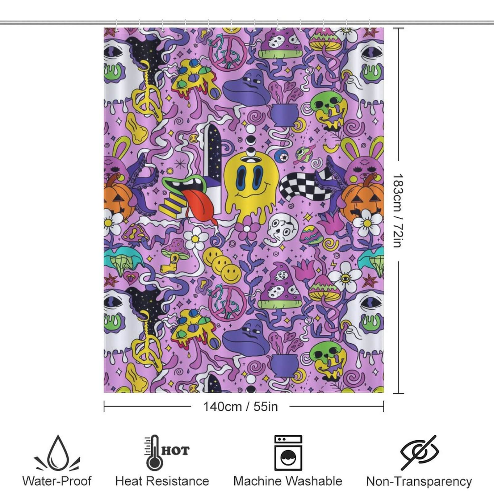 A Psychedelic Trippy Shower Curtain-Cottoncat featuring a design of monsters and ghosts, made by Cotton Cat.