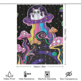 This Mushroom Trippy Shower Curtain-Cottoncat showcases a cat exploring outer space in its very own spaceship, adding a playful touch to any bathroom.