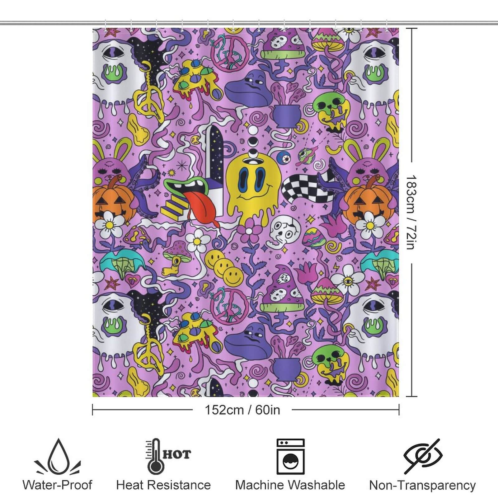 A Psychedelic Trippy Shower Curtain from Cotton Cat featuring ghosts and monsters.