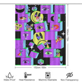 A psychedelic 60s Trippy Shower Curtain-Cottoncat, adorned with a smiley face pattern in vibrant shades of purple by Cotton Cat.