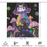 Add a touch of humor to your bathroom with this Mushroom Trippy Shower Curtain-Cottoncat featuring a cat in a spaceship and mushrooms from the brand Cotton Cat.