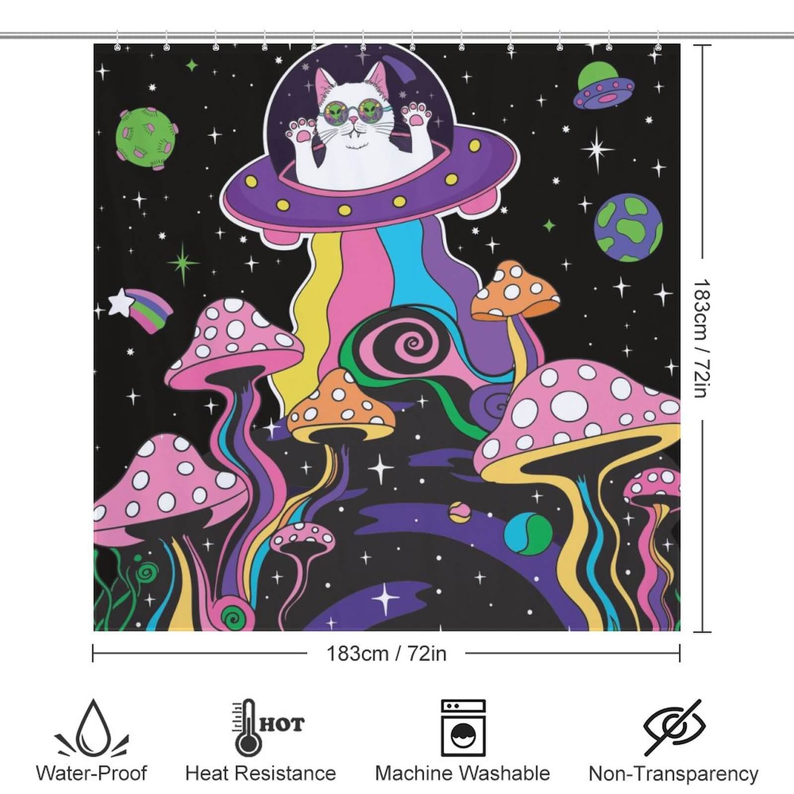 A Mushroom Trippy Shower Curtain-Cottoncat featuring a cat in space amongst a backdrop of mushrooms, perfect for adding a touch of whimsy to your bathroom.