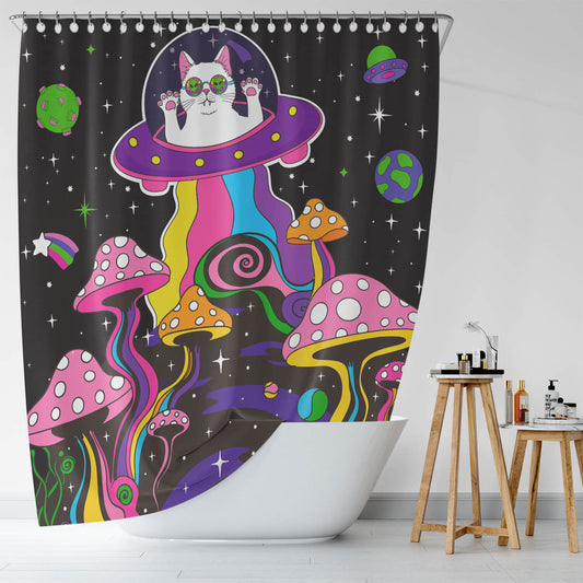 A Mushroom Trippy Shower Curtain-Cottoncat with a cat on a spaceship.