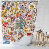 A retro bathroom with a colorful disco-inspired Cotton Cat shower curtain.