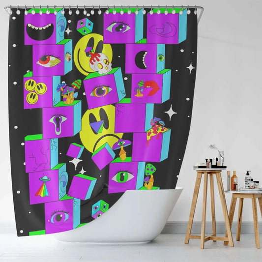 A psychedelic 60s-style Cotton Cat shower curtain adorned with a smiley face.