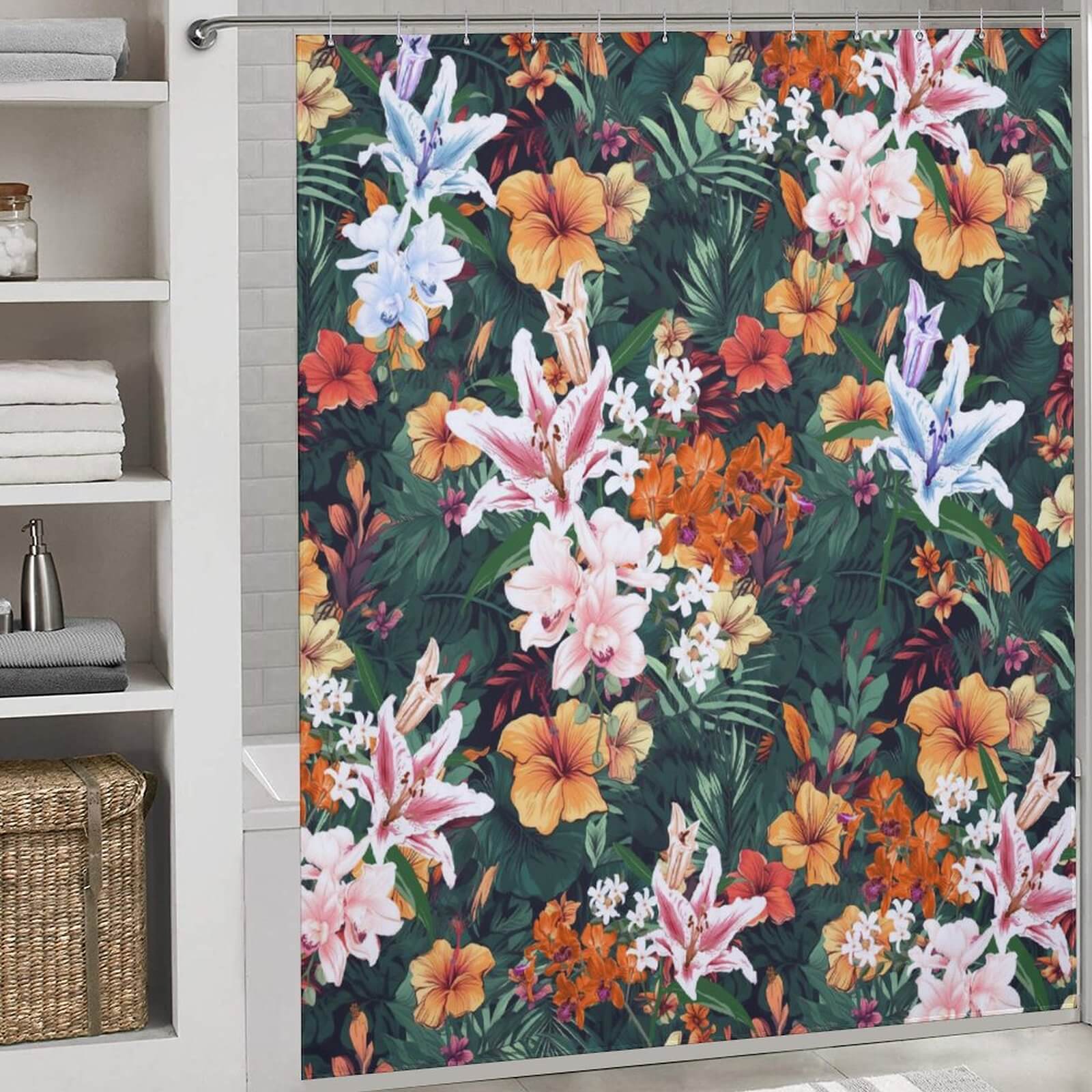 A Vintage Lily Flower Shower Curtain by Cotton Cat, perfect for adding a touch of elegance to your bathroom decor.