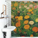 A waterproof bathroom with a shower curtain featuring a 90s Vintage Marigolds Flower Print from Cotton Cat.