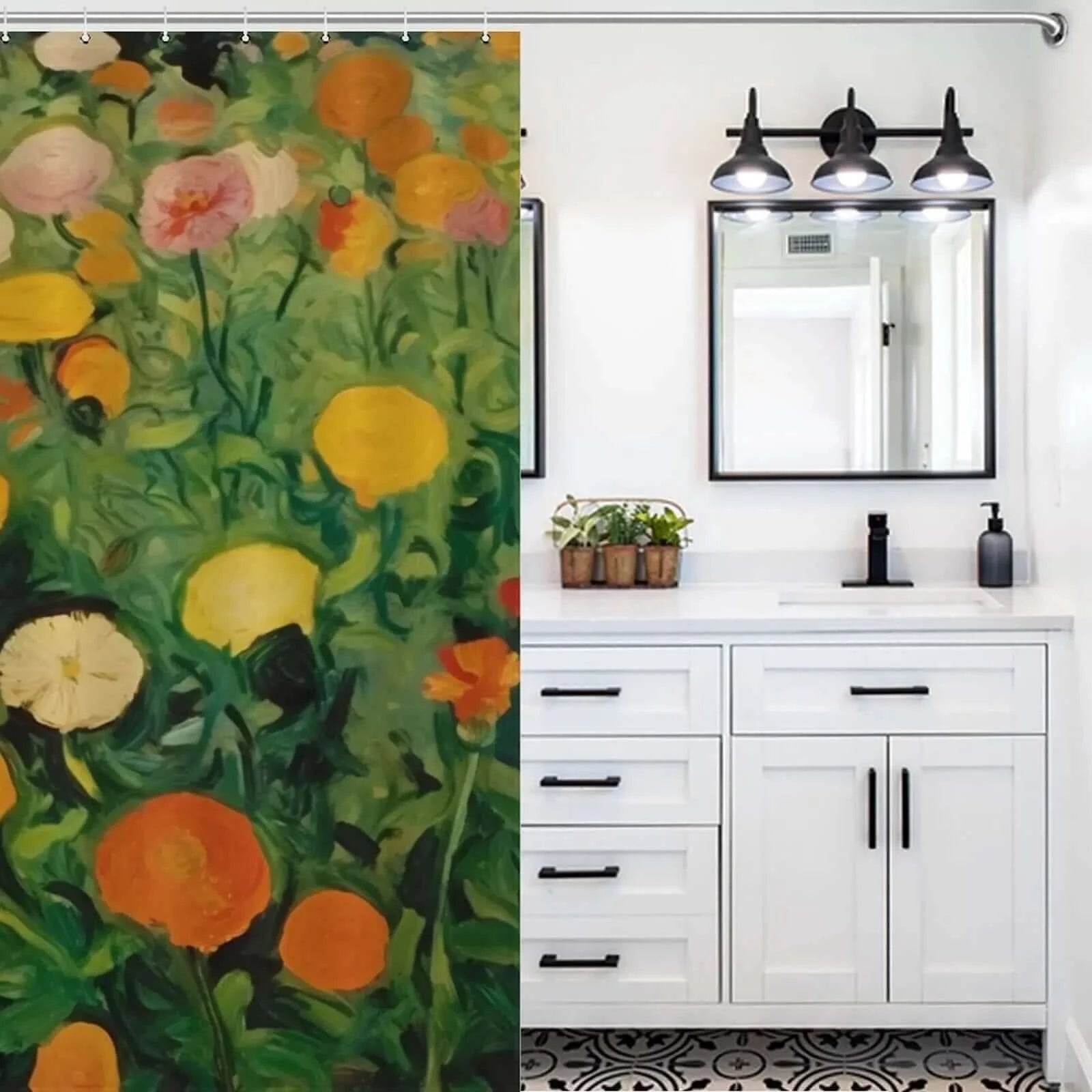 A vintage-inspired bathroom with a waterproof shower curtain showcasing a 90s Vintage Marigolds Flower Shower Curtain-Cottoncat from Cotton Cat.