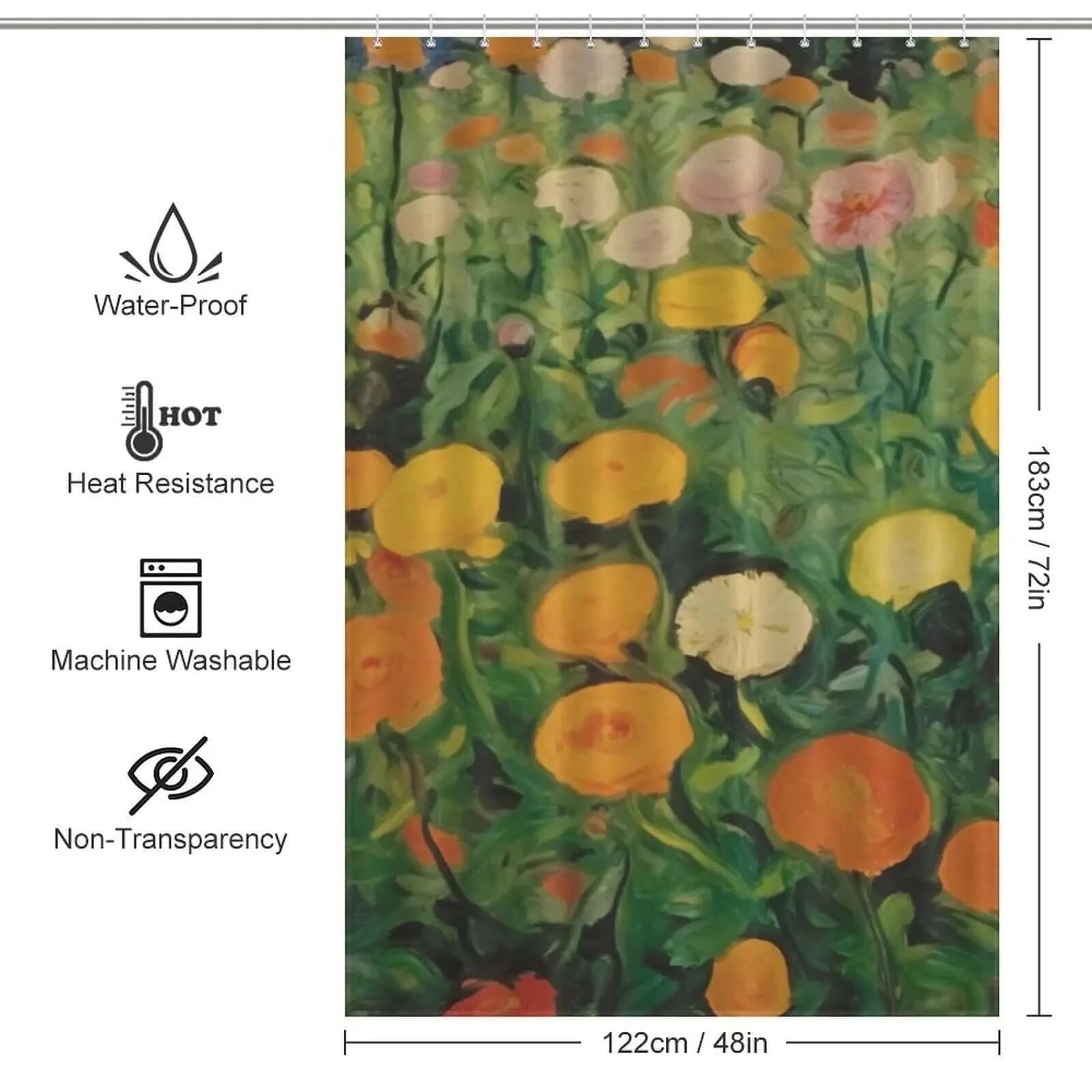 A 90s Vintage Marigolds Flower Shower Curtain-Cottoncat featuring a painting of a field of poppies.