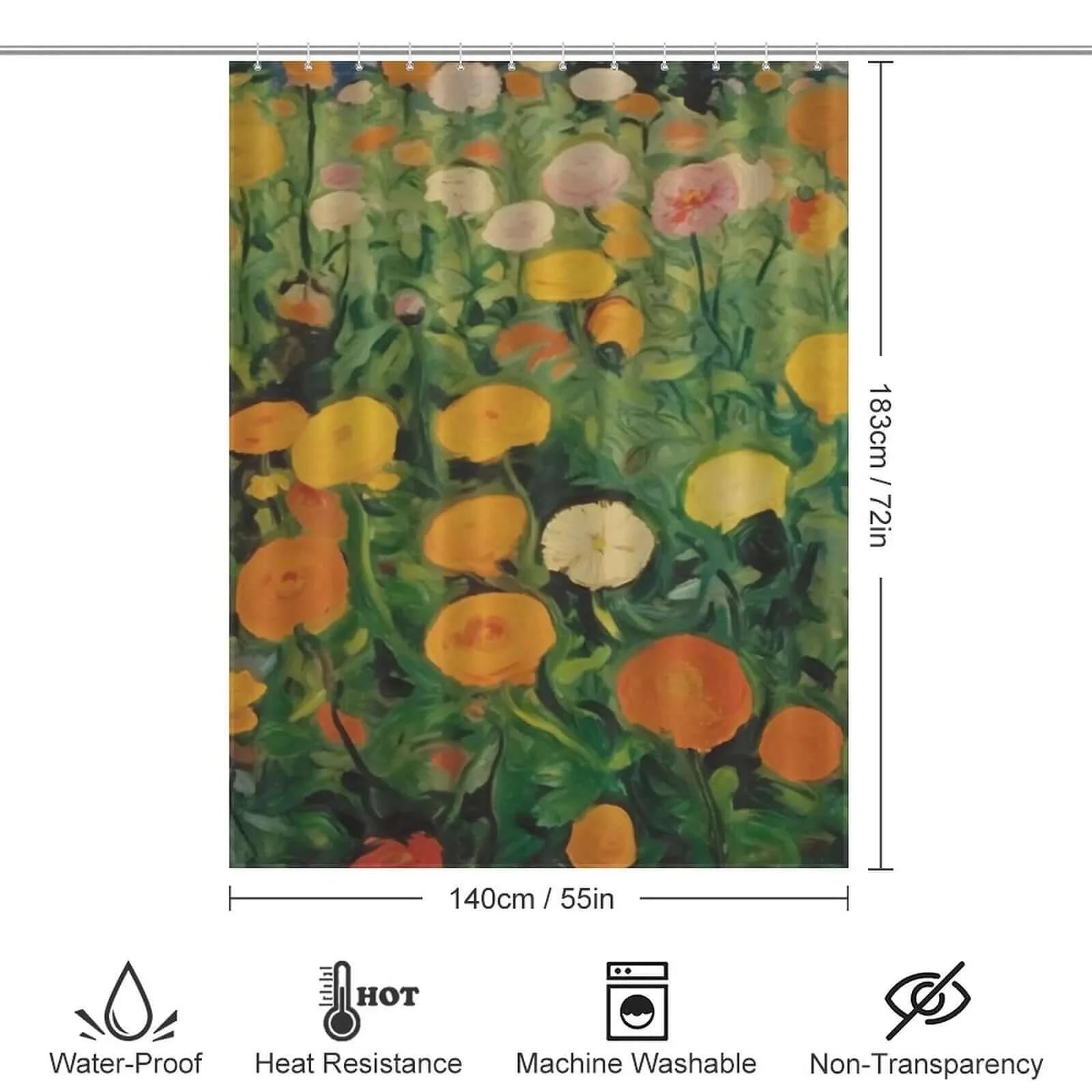A waterproof Cotton Cat shower curtain with a painting of 90s Vintage Marigolds Floral Print flowers in a field.