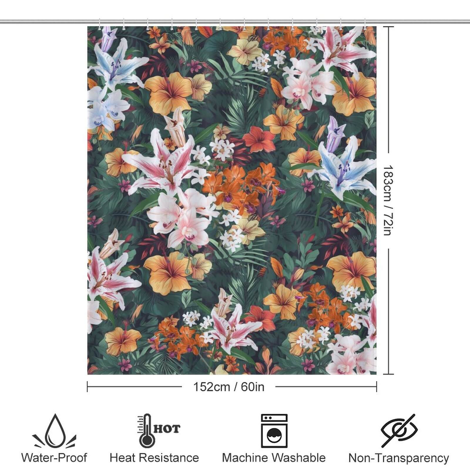 An image of a Vintage Lily Flower Shower Curtain-Cottoncat with measurements, perfect for bathroom decor or as a vintage flower-themed shower curtain by Cotton Cat.