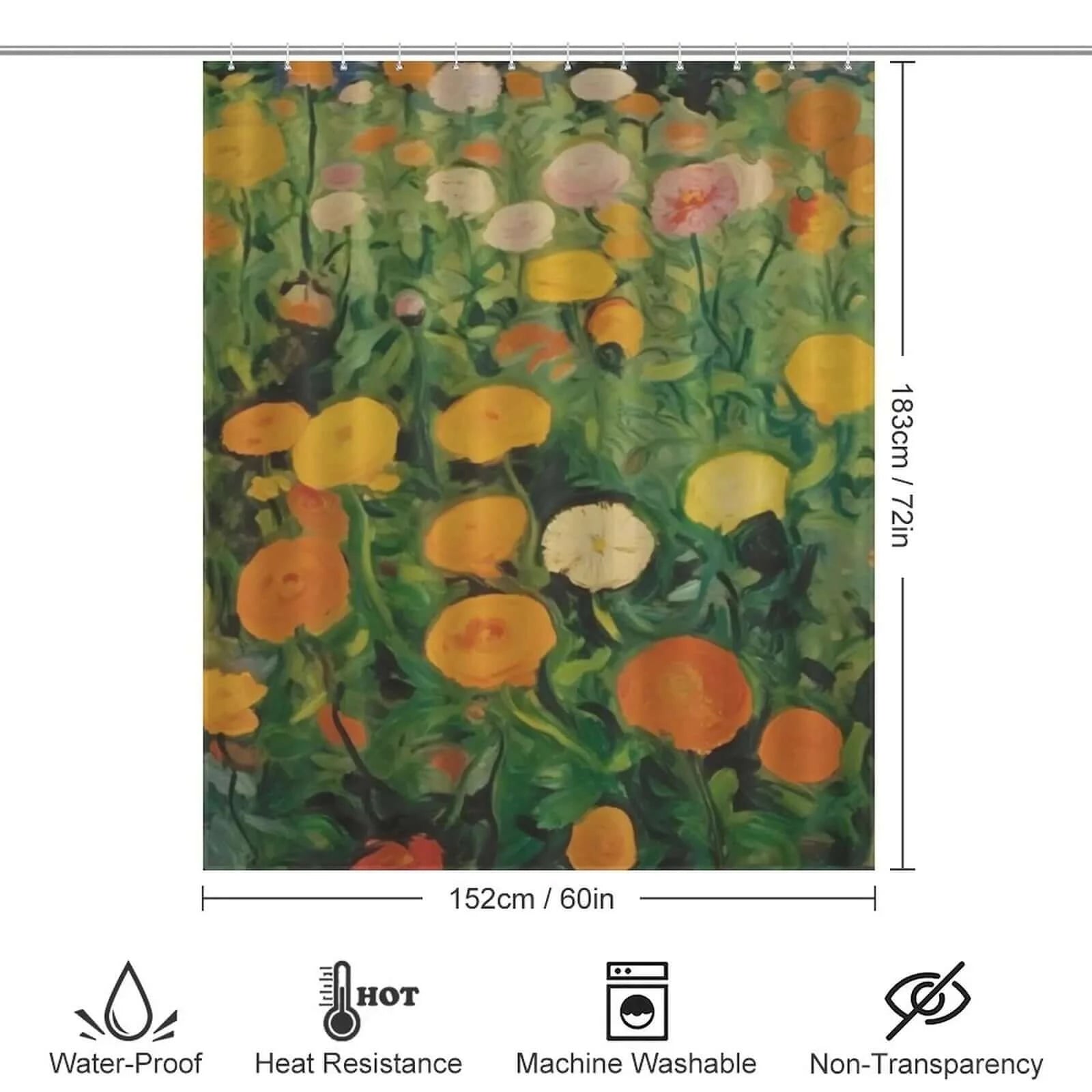A 90s Vintage Marigolds Flower Shower Curtain featuring a painting of a field of flowers, with a charming vintage flower print, by Cotton Cat.