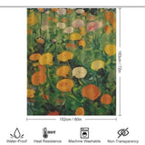 A 90s Vintage Marigolds Flower Shower Curtain featuring a painting of a field of flowers, with a charming vintage flower print, by Cotton Cat.