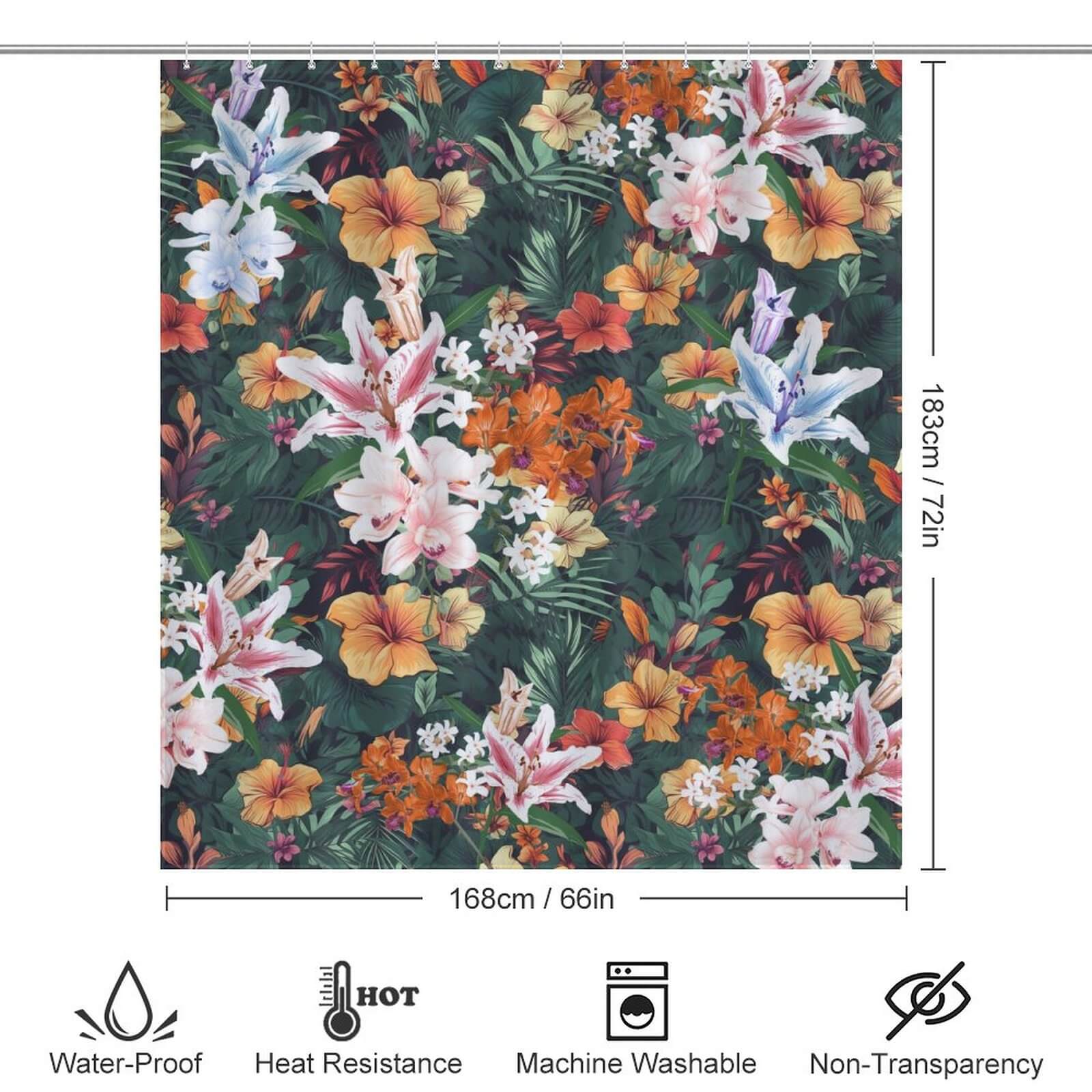 An image of a Vintage Lily Flower Shower Curtain by Cotton Cat with measurements, perfect for bathroom decor.