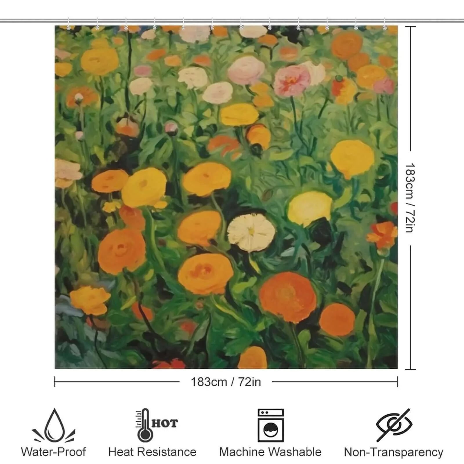 A 90s Vintage Marigolds Flower Shower Curtain-Cottoncat of orange marigolds in a field by Cotton Cat.