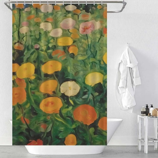 A 90s Vintage Marigolds Flower Shower Curtain from Cotton Cat featuring orange marigolds and yellow floral print. This waterproof curtain from Cotton Cat will add a touch of elegance to your bathroom.