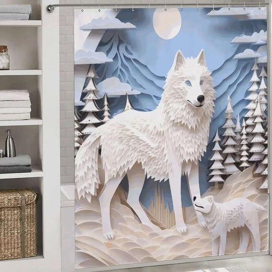 This 3D Wolf Shower Curtain-Cottoncat, by the brand Cotton Cat, showcases a stunning depiction of a white wolf and a dog in the snow. Perfect for those who appreciate nature and desire to add an element of wilderness to their bathroom decor.