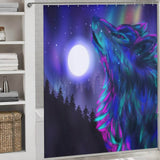 An SEO-optimized Galaxy Wolf Shower Curtain by Cotton Cat that combines the beauty of aurora with a howling wolf, perfect for bathroom decor.