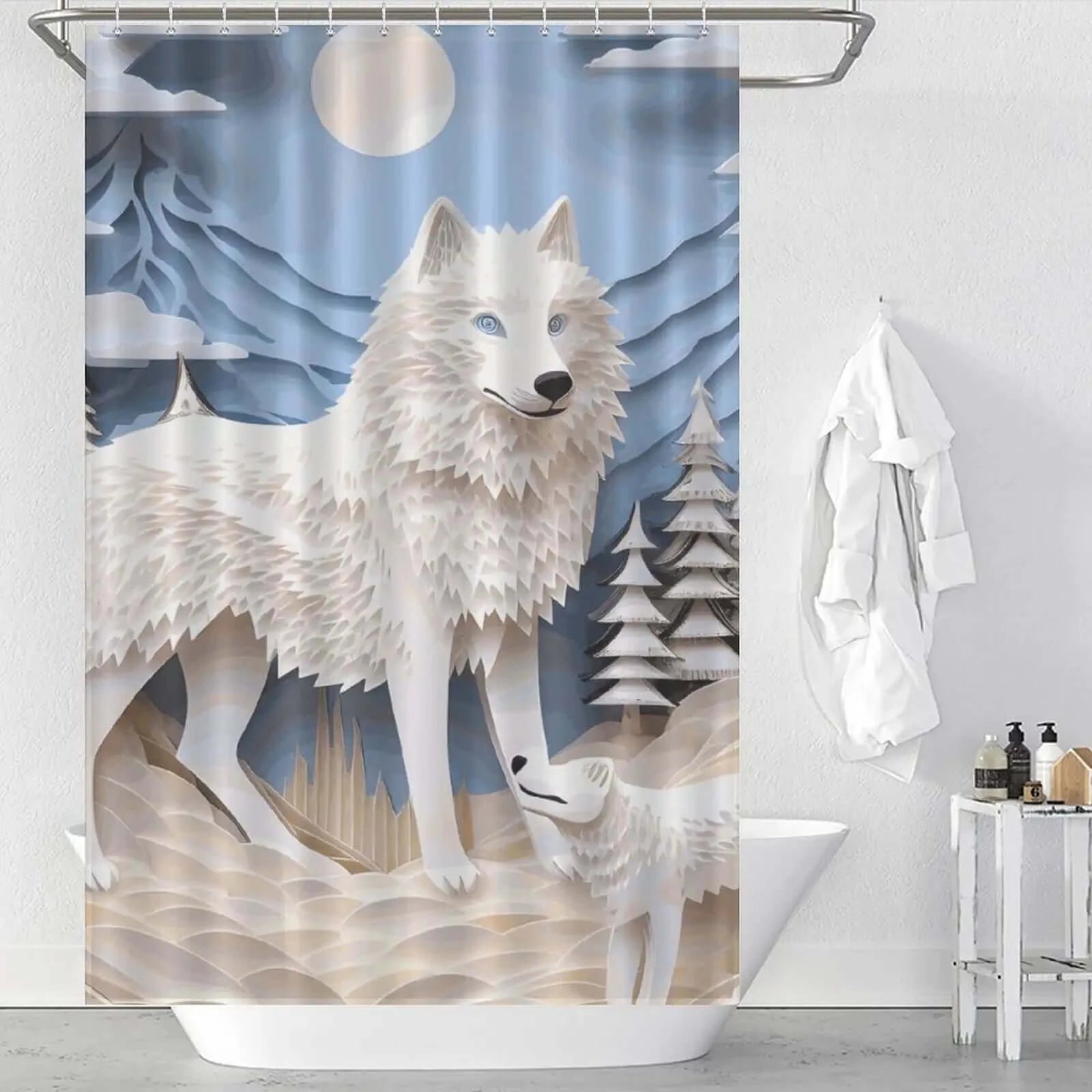 This 3D Wolf Shower Curtain by Cotton Cat features a striking white wolf in a snow-covered landscape. Perfect for adding a touch of wilderness to your bathroom decor.