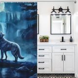 Enhance your bathroom decor with a captivating Howling Wolf Shower Curtain-Cottoncat featuring a mesmerizing wolf howling at the moon from Cotton Cat.