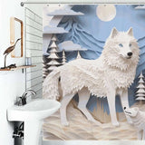 A bathroom with a 3D Wolf Shower Curtain-Cottoncat from the brand Cotton Cat.