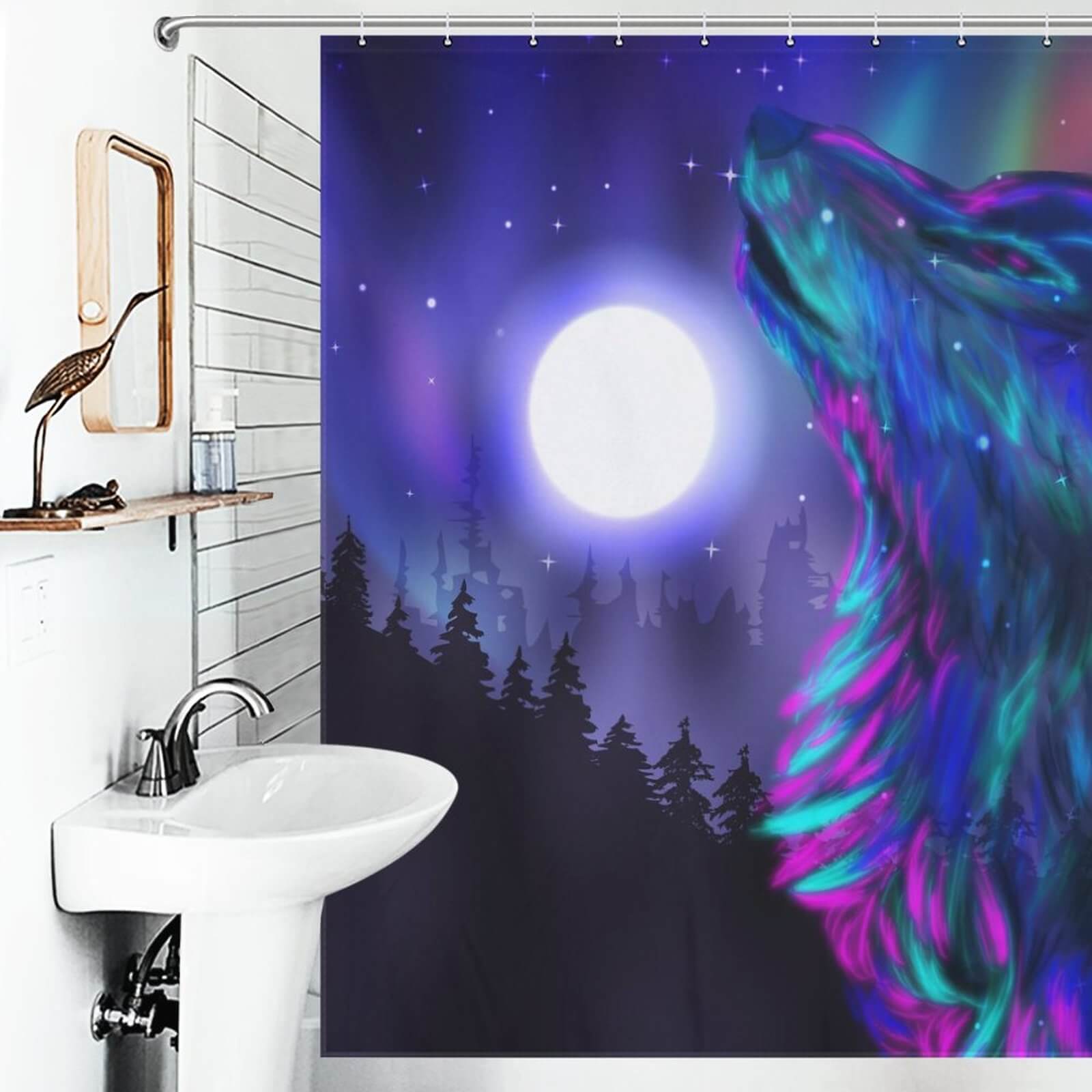 This waterproof Galaxy Wolf Shower Curtain-Cottoncat from Cotton Cat features a captivating wolf howling in the night sky, making it a perfect addition to your bathroom decor.