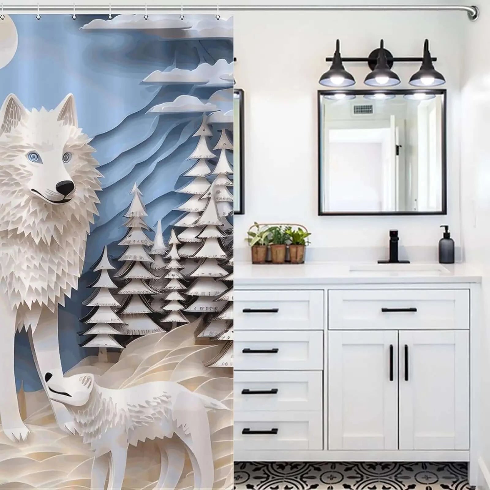 Transform your bathroom with a trendy 3D Wolf Shower Curtain-Cottoncat from the brand Cotton Cat that is both waterproof and stylish.