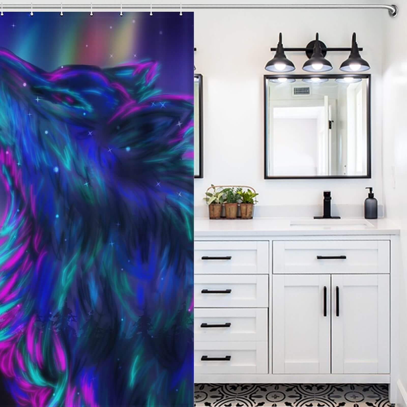 Elevate your bathroom decor with a stunning waterproof Galaxy Wolf Shower Curtain by Cotton Cat.