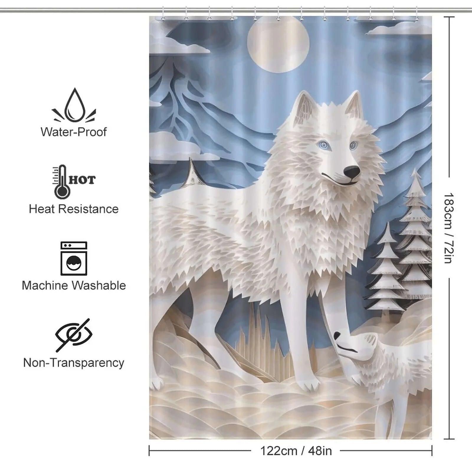 A waterproof 3D Wolf shower curtain made of polyester material by Cotton Cat.