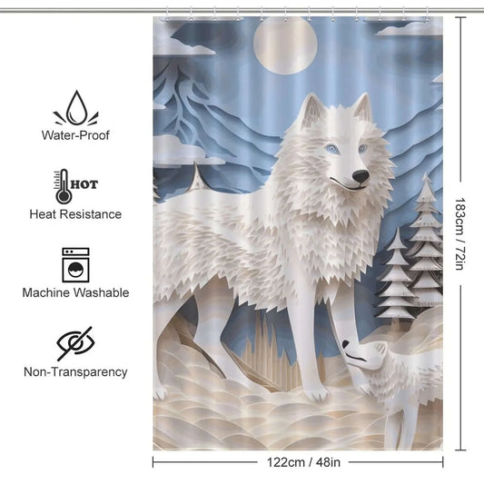 A waterproof 3D Wolf shower curtain made of polyester material by Cotton Cat.