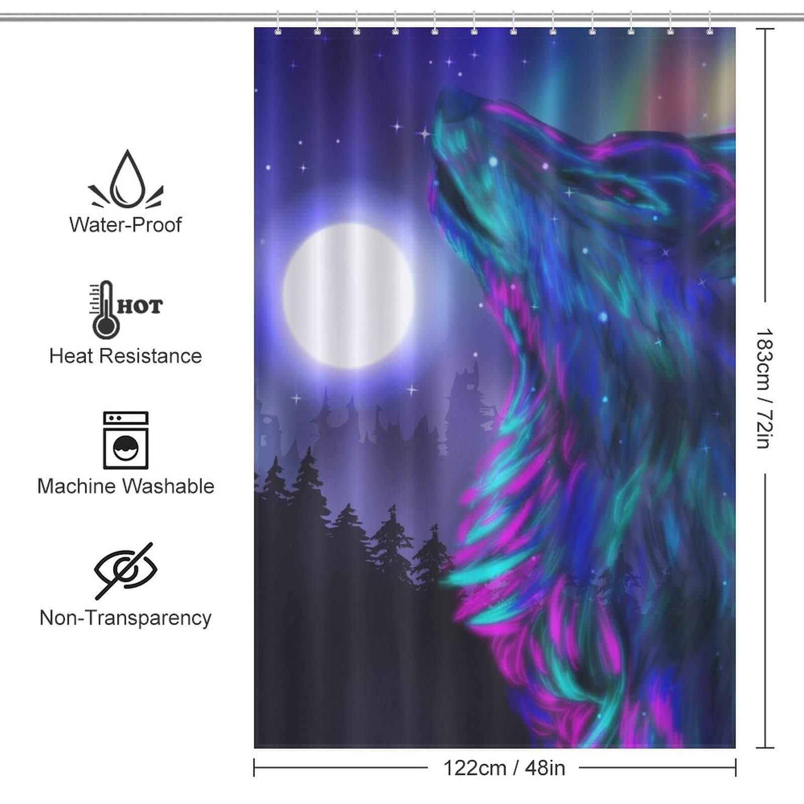 Elevate your bathroom decor with a mesmerizing Galaxy Wolf Shower Curtain by Cotton Cat featuring an enchanting image of a wolf amidst a starry night sky. This waterproof curtain not only adds a touch of wild beauty.