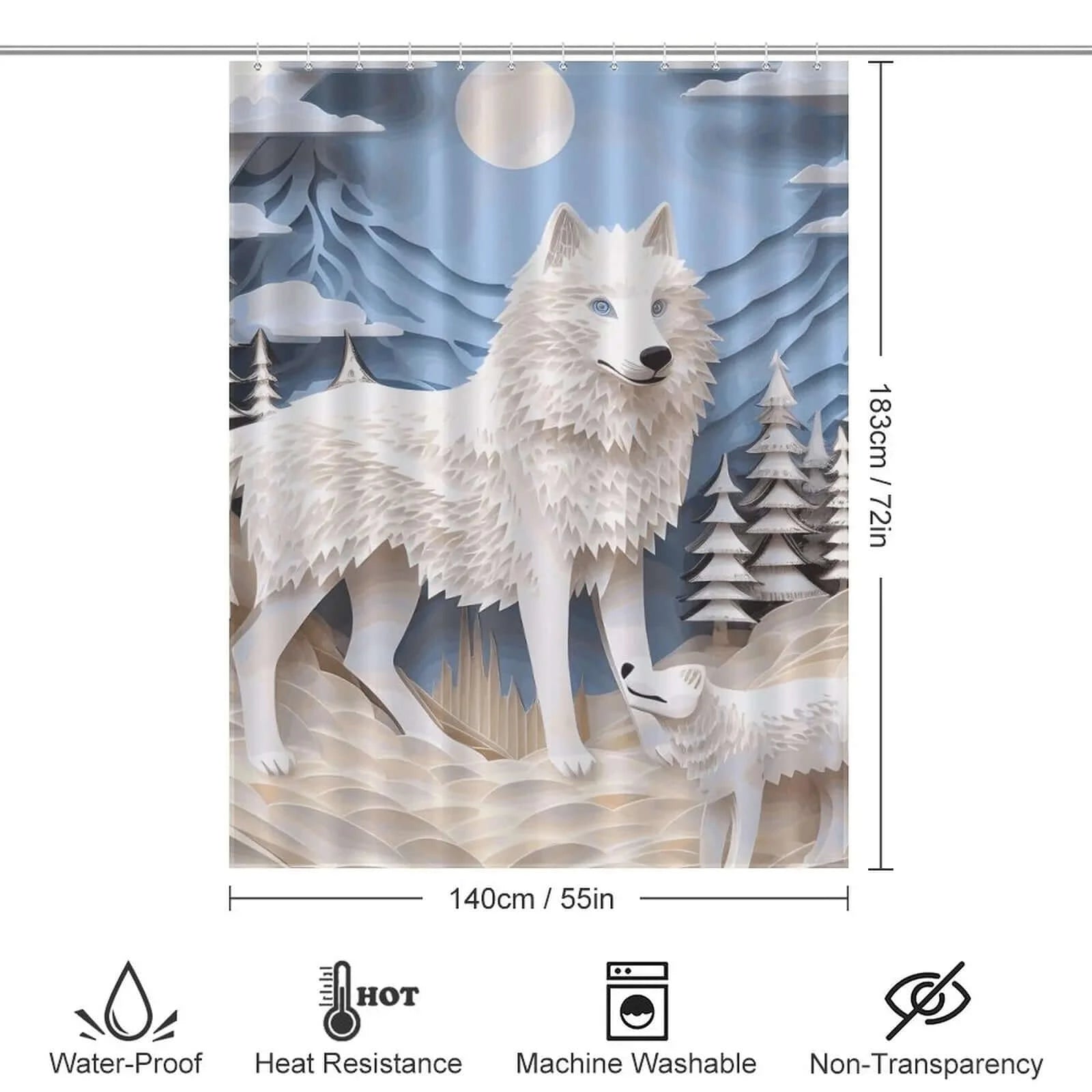 This waterproof polyester 3D Wolf Shower Curtain-Cottoncat showcases a beautiful white wolf in a snowy landscape.