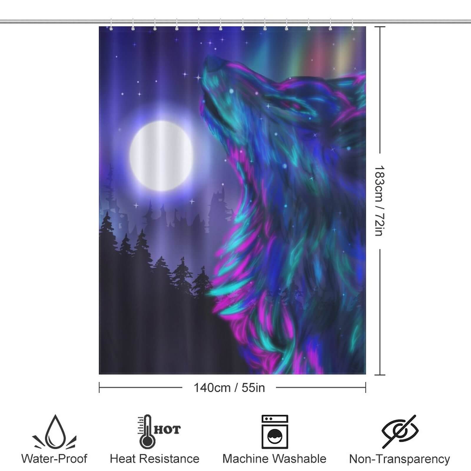 Elevate your bathroom decor with a stunning Galaxy Wolf Shower Curtain by Cotton Cat, featuring an enchanting image of a wolf in the night sky. This waterproof curtain not only adds a touch of nature-inspired elegance to your