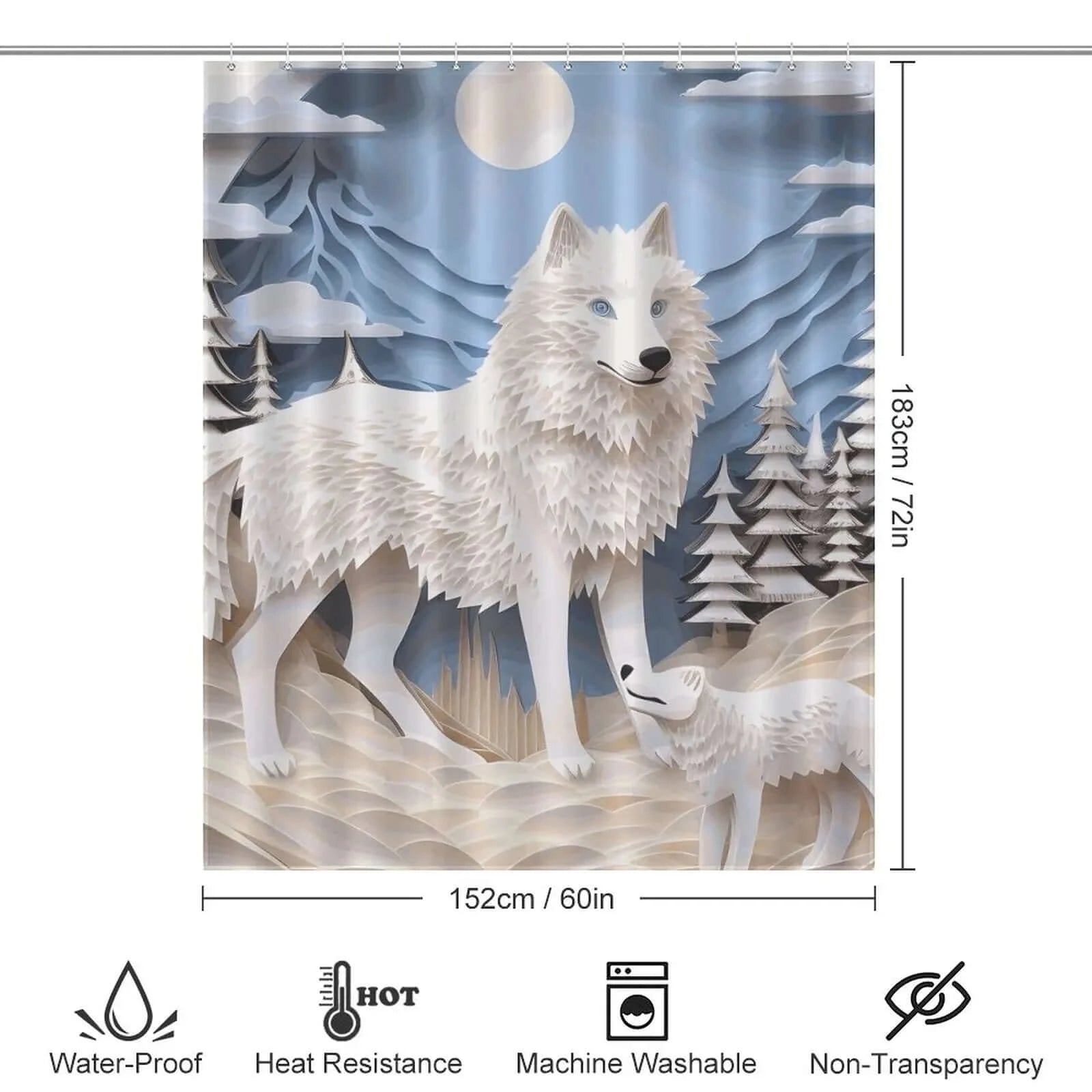 A waterproof 3D Wolf Shower Curtain made of polyester from Cotton Cat.