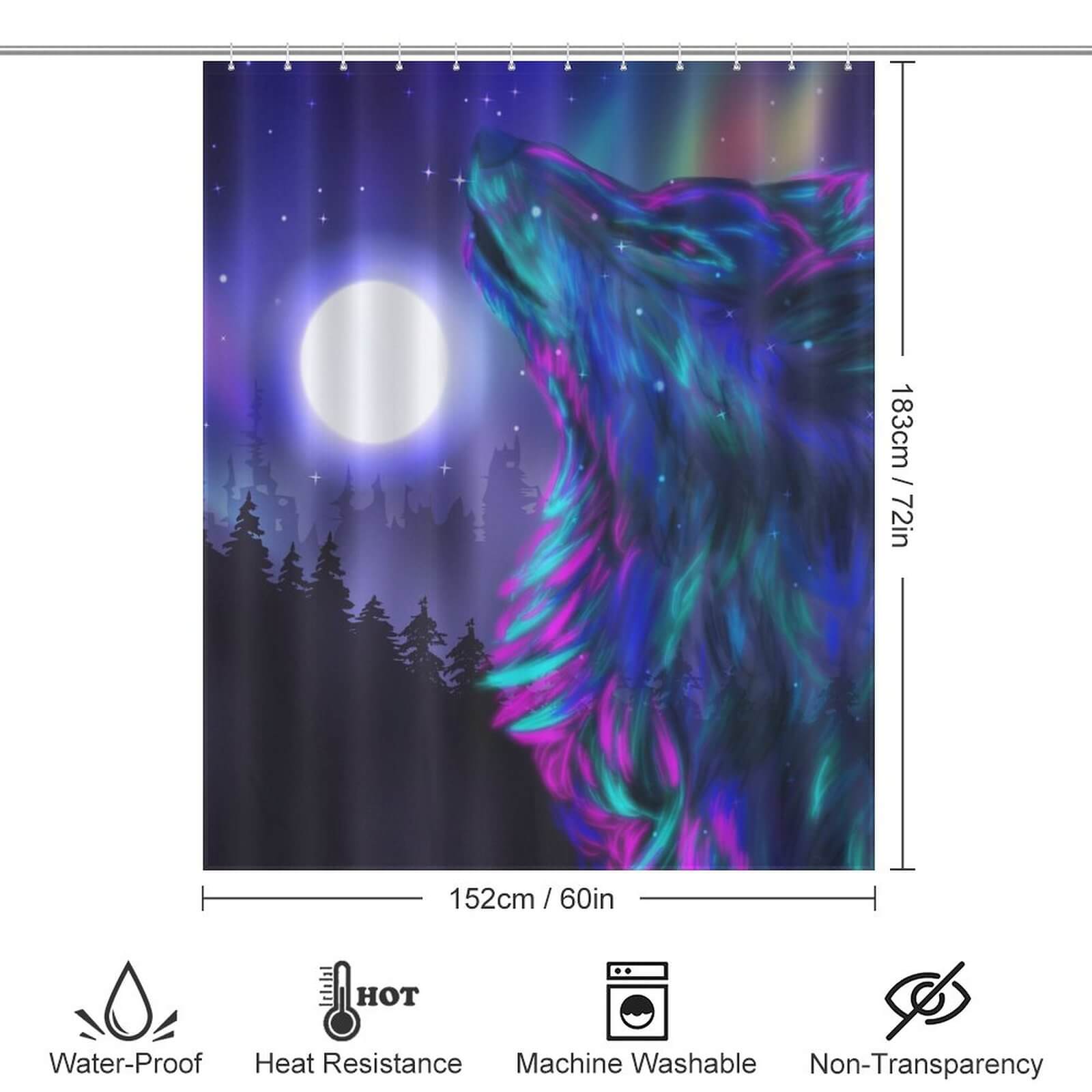 Elevate the ambiance of your bathroom with this waterproof Galaxy Wolf Shower Curtain by Cotton Cat. Featuring a captivating image of a wolf howling at the moon, this curtain seamlessly combines stunning design and functionality, making it perfect for enhancing your bathroom space.